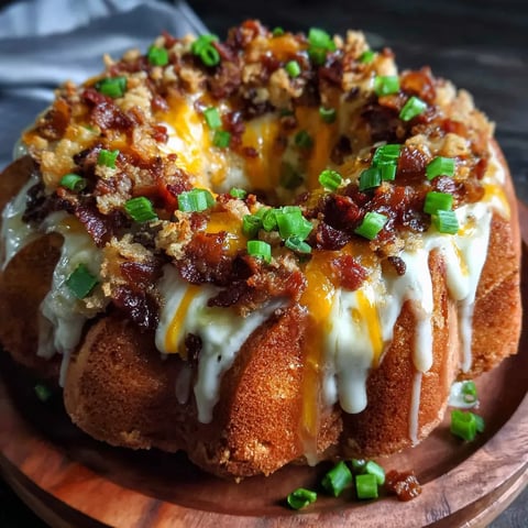 Savory Breakfast Biscuit Bundt Cake topped with crispy bacon, melted cheese, and fresh green onions, drizzled with a creamy glaze, perfect for a delicious morning treat