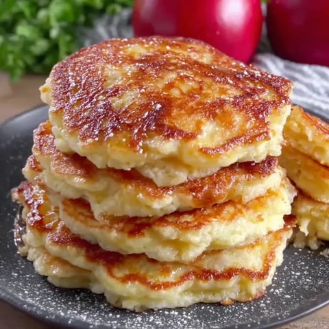 Golden, crispy Apple Yogurt Pancakes stacked high, dusted with powdered sugar, ready to be enjoyed as a delicious and healthy breakfast