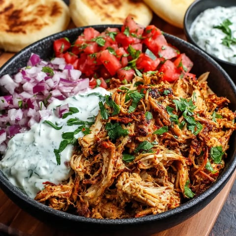 Slow cooker chicken shawarma with ultra tender shredded spiced chicken, creamy garlic yogurt sauce, fresh tomatoes, red onion, herbs and warm pita bread