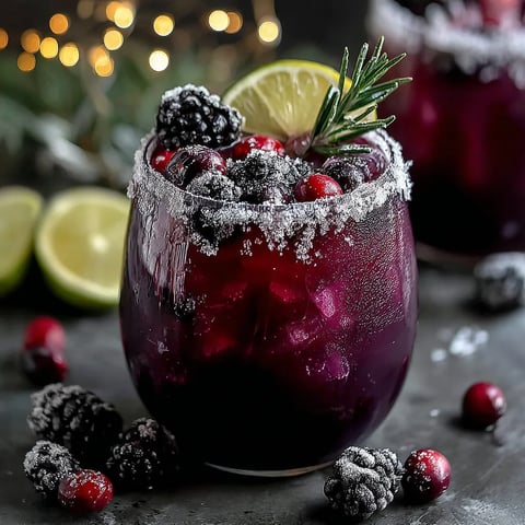 Midnight Frost Christmas Punch in a frosted glass with blackberry, cranberries, lime slice and rosemary garnish, sparkling festive holiday drink