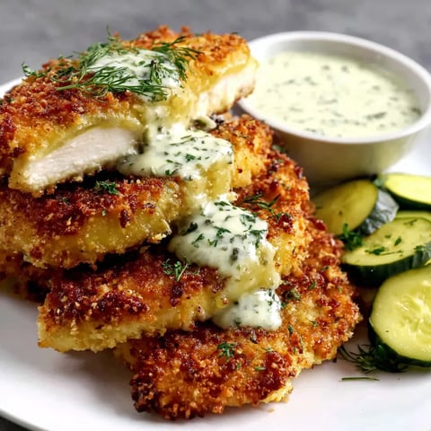 Crispy dill pickle parmesan chicken cutlets with golden breadcrumb crust, served with creamy dill sauce and sliced pickles on a plate