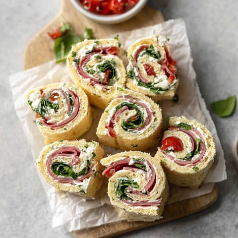 Italian pinwheel sandwiches with cream cheese spread, salami, capocollo-style deli meat, ham, romaine lettuce, and tomatoes sliced into bite-sized rolls
