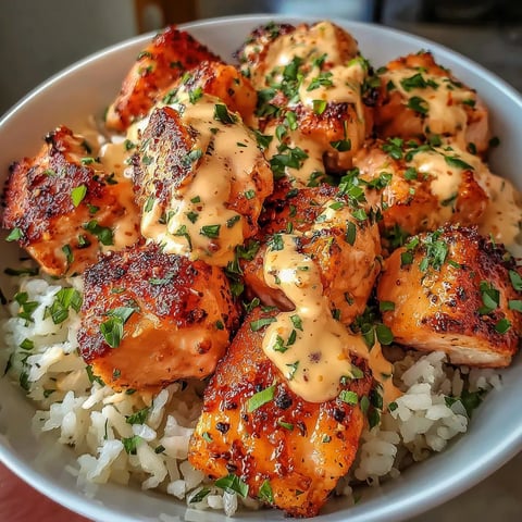 Bang Bang salmon bites bowl with crispy salmon cubes drizzled in creamy bang bang sauce over fluffy jasmine rice, garnished with fresh cilantro