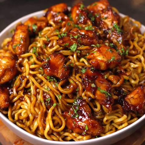 Sticky honey garlic chicken noodles served in a bowl, garnished with fresh herbs