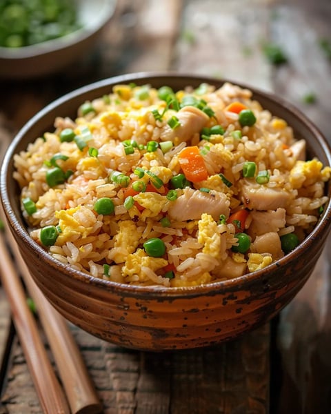 Bang Bang Fried Rice with chicken, eggs, peas and carrots served in a bowl