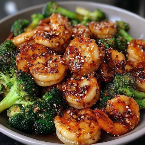 Honey garlic shrimp with broccoli in a bowl, coated in glossy sauce and topped with sesame seeds