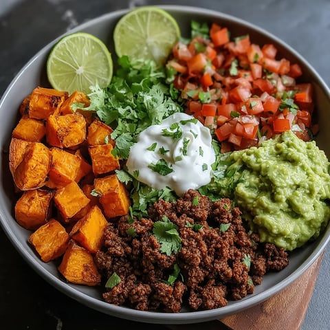 sweet potato taco bowl with ground beef, guacamole, pico de gallo and sour cream