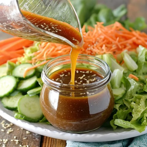 Asian sesame ginger dressing poured into glass jar over fresh salad with cucumber, carrot and lettuce