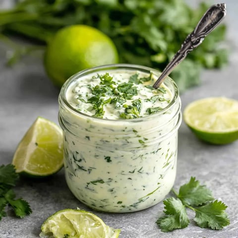 Creamy cilantro lime sauce in a glass jar with fresh cilantro, lime wedges, and spoon on a light background