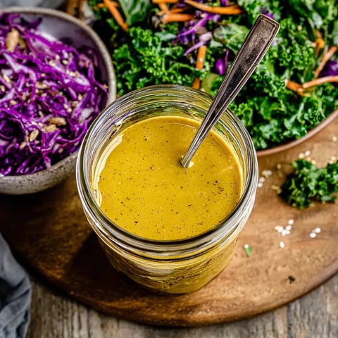 Maple Dijon dressing in a glass jar with spoon, served with kale salad, shredded red cabbage, and carrots on a wooden board