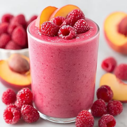 Raspberry Peach Smoothie in a glass topped with fresh raspberries and peach slices