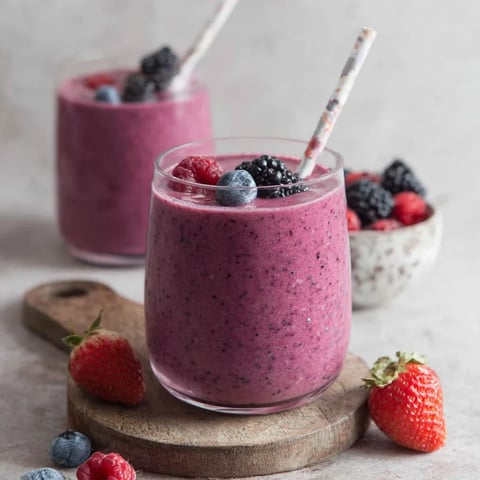 Frozen mixed berry smoothie in a glass topped with fresh berries and served with strawberries on a wooden board