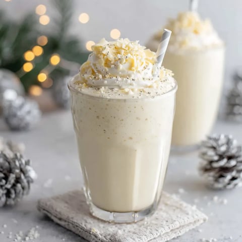 Winter Wonderland Smoothie topped with whipped cream, white chocolate shavings and coconut in a glass