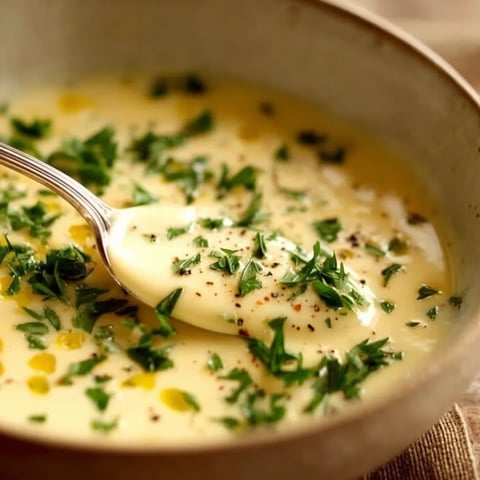 Creamy lemon butter sauce with garlic, parsley, and black pepper served in a small bowl