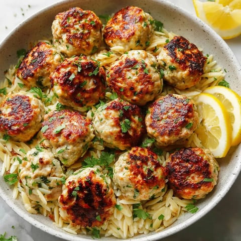 Greek chicken meatballs with lemon orzo in a white bowl