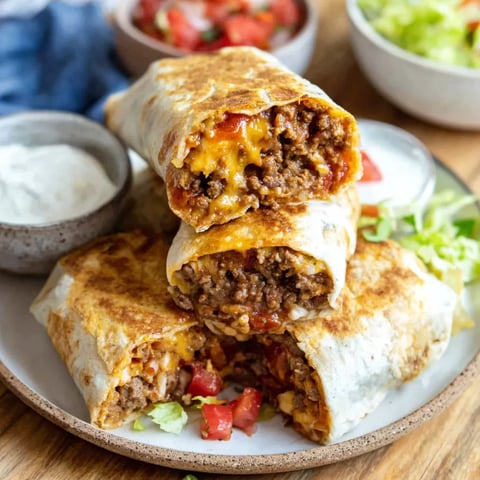 Stacked beef burritos cut open, filled with seasoned ground beef, rice and melted cheese, served on a plate with lettuce, pico de gallo and creamy dipping sauce