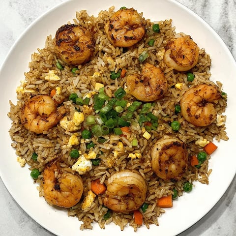 Shrimp fried rice topped with sautéed shrimp, peas, carrots, scrambled eggs and chopped green onions in a white bowl