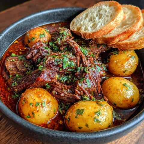 slow cooker garlic butter beef with potatoes in rich sauce garnished with parsley and served with crusty bread